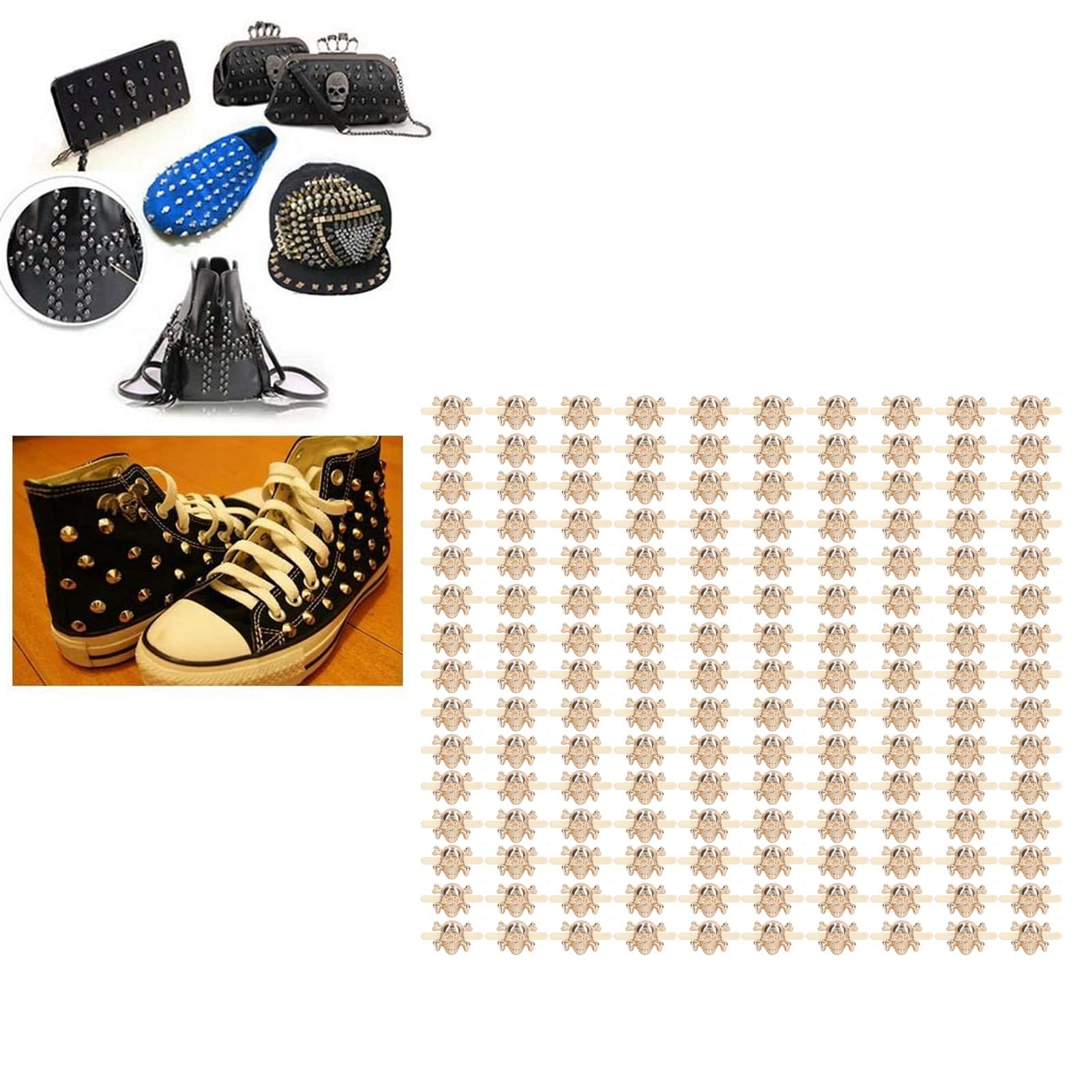 150 piezas de remaches de calavera estilo gótico de moda hermosos accesorios de perno de calavera para zapatos DIY bolsas de ropa (Oro)