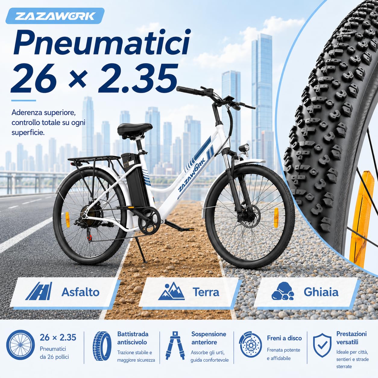 Bici Elettrica Uomo Donna 26 Pollici, E-Bike City con Motore 250W e Batteria 36V 20Ah, Autonomia 120km, Cambio 7 Velocità, Freni a Disco, Bicicletta Elettrica Economica