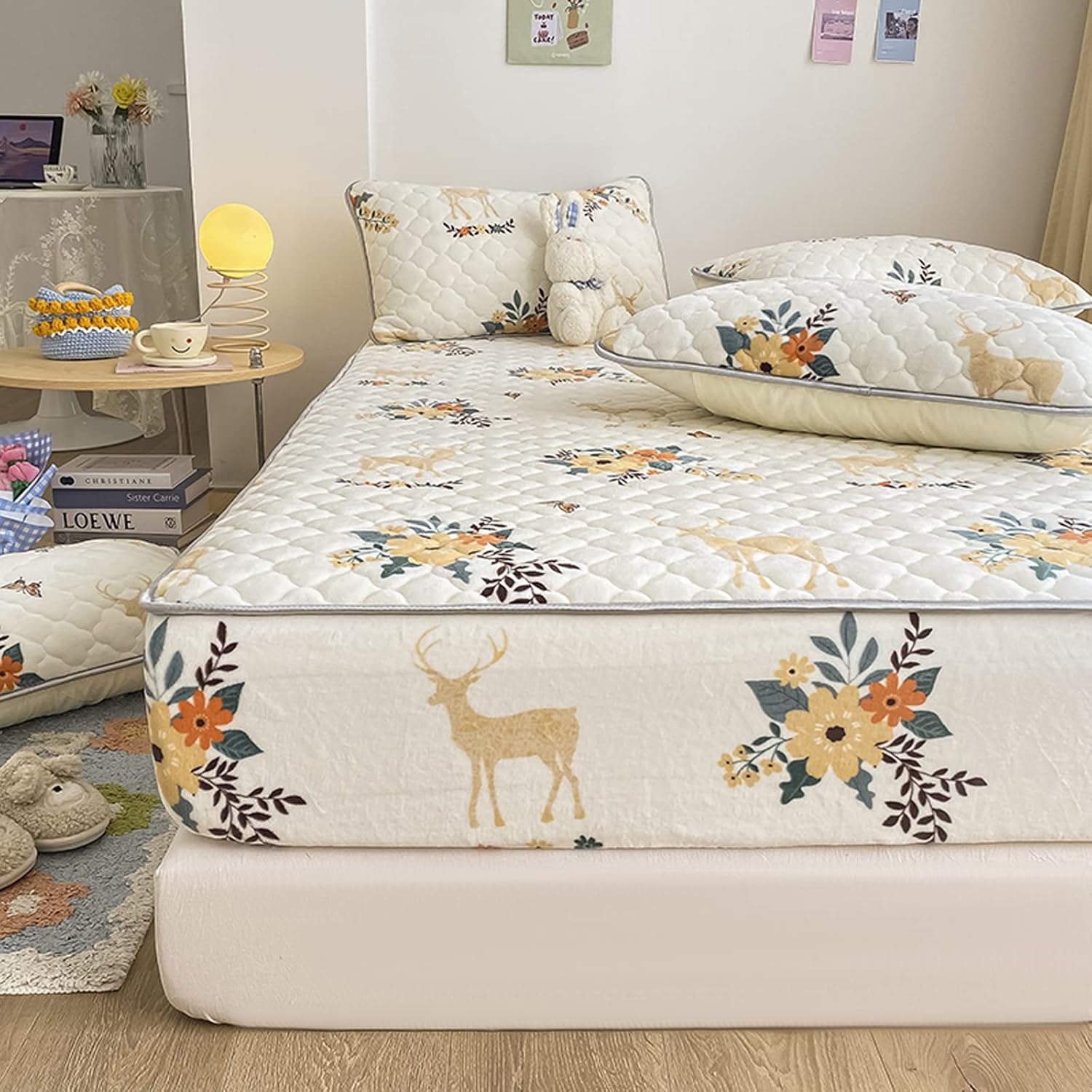 Pangzi Sunflower Flannel Plush Bedding Fitted Sheet Queen Size,Velvety Soft Heavyweight Non-Slip Protective Cover for Bed MattressNOT Include Pillowcases,
