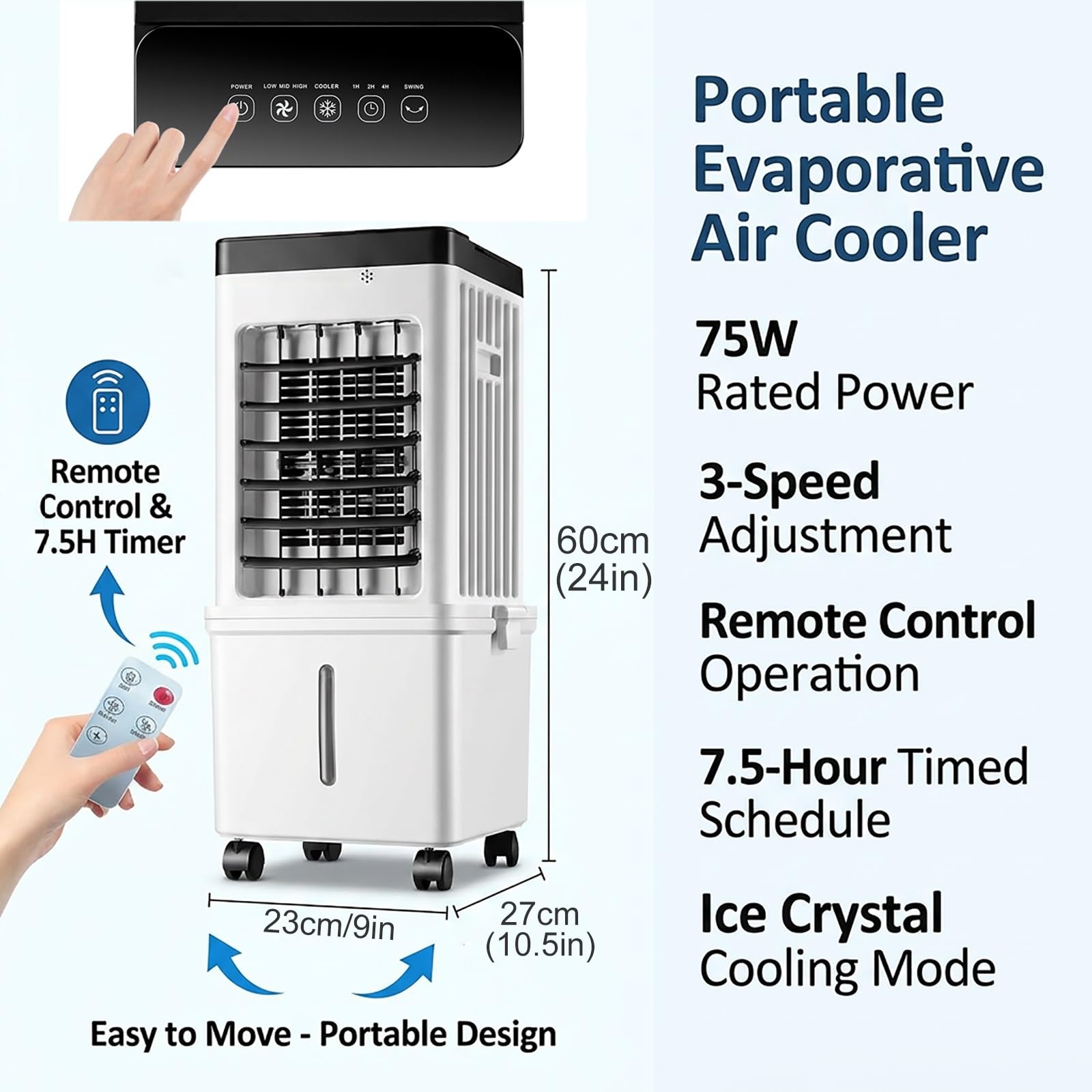 Enfriador de Aire Portátil, Climatizador Evaporativo con Depósito de Agua 15L, 3 Velocidades, Temporizador 7.5H, Mando a Distancia, Oscilación 90°