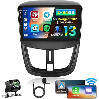 Inefala 2 + 64G Android 15 CarPlay Radio for Peugeot 207 207cc 2006-2015 9 Inch Touchscreen with Wireless CarPlay and Android Car Support GPS Navigation Link Mirror Bluetooth RDS AHD DSP