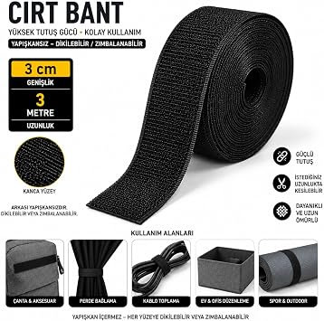 3 cm-3 metre Siyah C rt Bant   Hook & Loop C rt C rt Bant   G l  Tutuculuk   Tekstil,  anta, Kablo ve Ev Kullan m  arkas  yap kanl  de ildir.