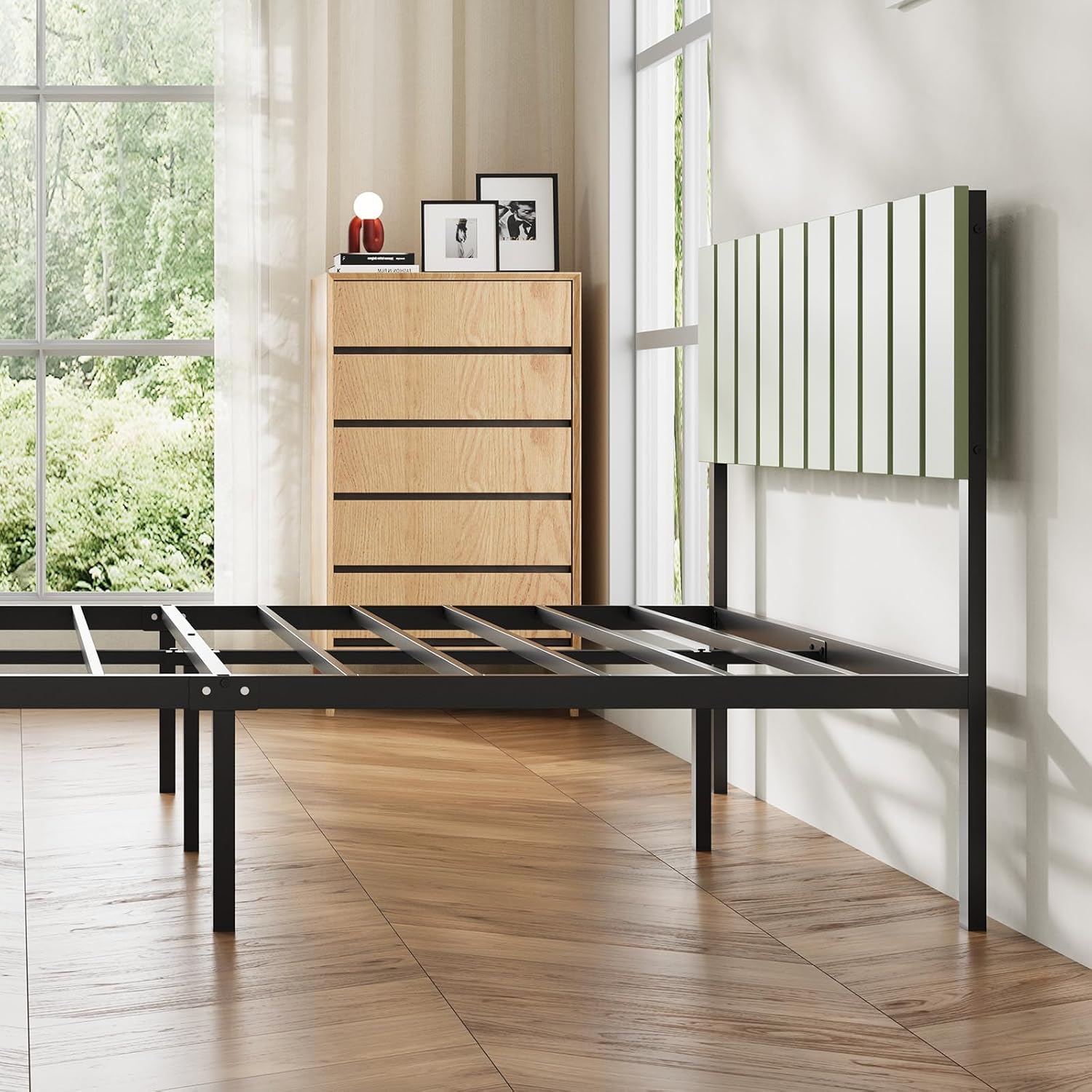 Novilla Full Size Bed Frame with Modern Wooden Slatted Headboard, Easy Assembly, Heavy Duty Metal Platform, Noise-Free, Under-Bed Storage, No Box Spring Needed