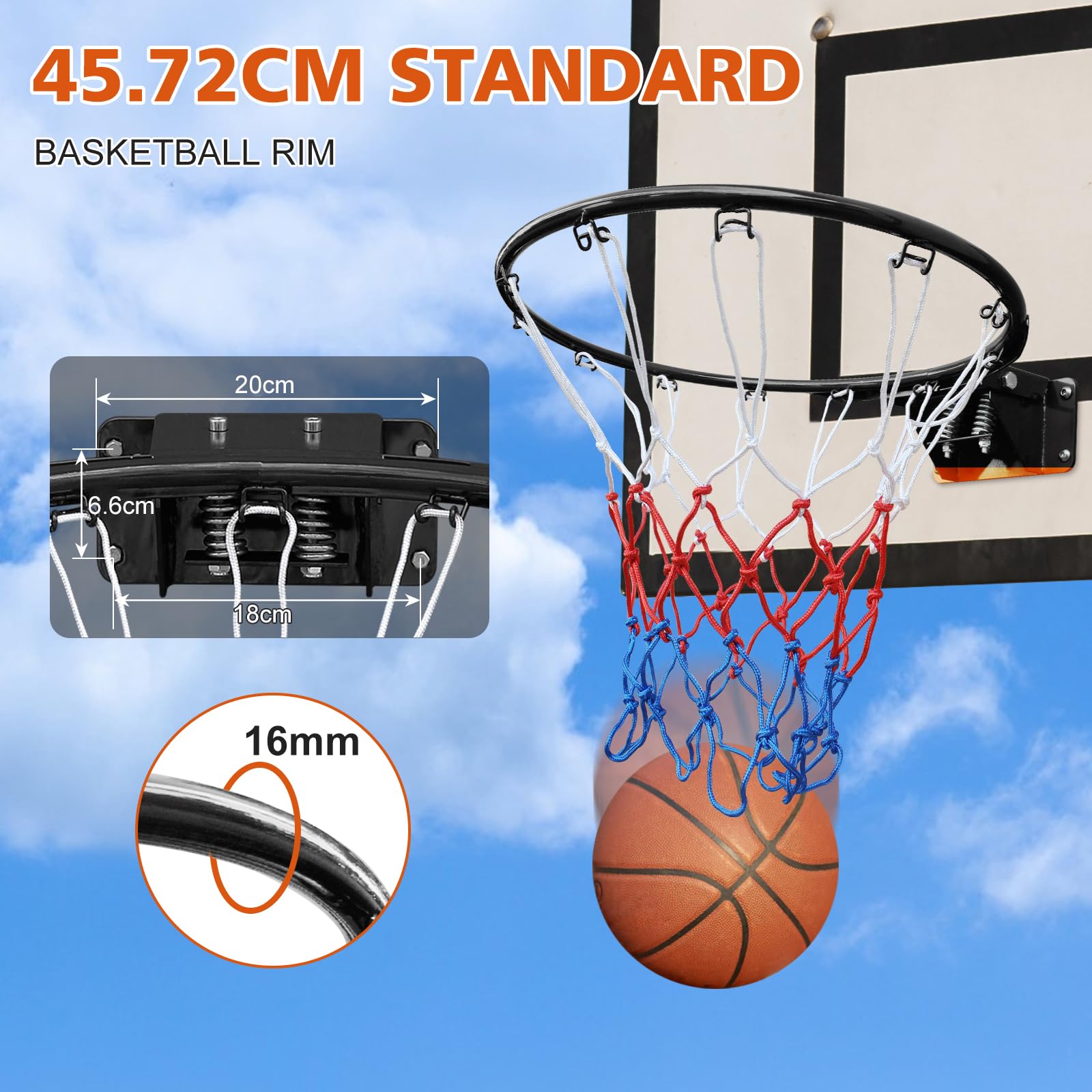 Anello da basket da 45 cm, stabile con doppia molla e rete per montaggio a pavimento e a parete, in acciaio, per interni ed esterni, nero