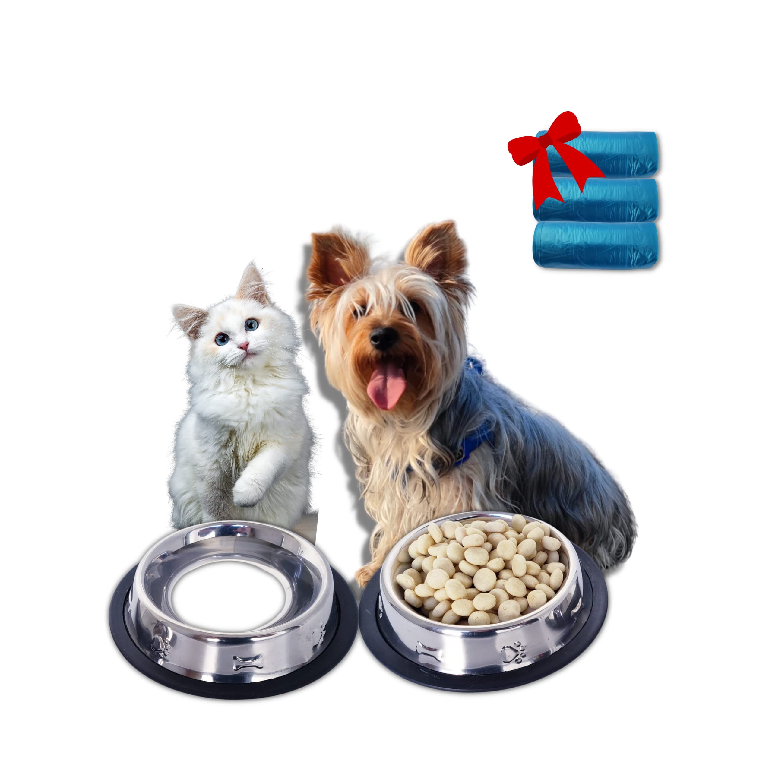 2 Pcs Comedero para Perro pequeño y Gato, Acero Inoxidable y Goma de Silicona Antideslizante. Cuencos de Comida y bebederos para Mascotas Incluye de Accesorios 3 Rollos de Bolsas para Caca.