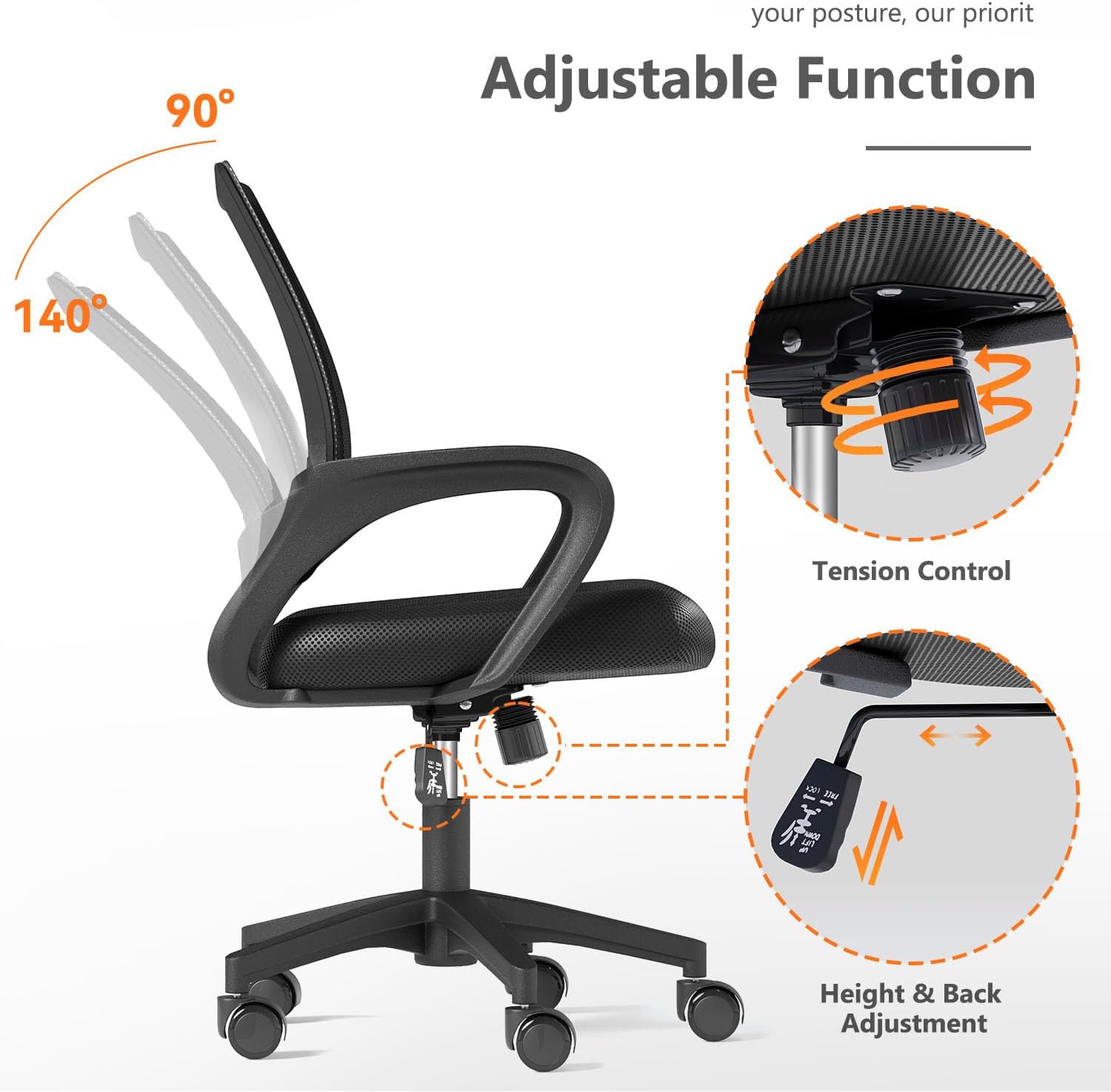 Home Office Chair, Ergonomic Mid-Back Mesh Desk Chair with Lumbar Support, Adjustable Swivel Rolling Design, Comfy Armrest for Work, Study, Gaming, Vanity, Black