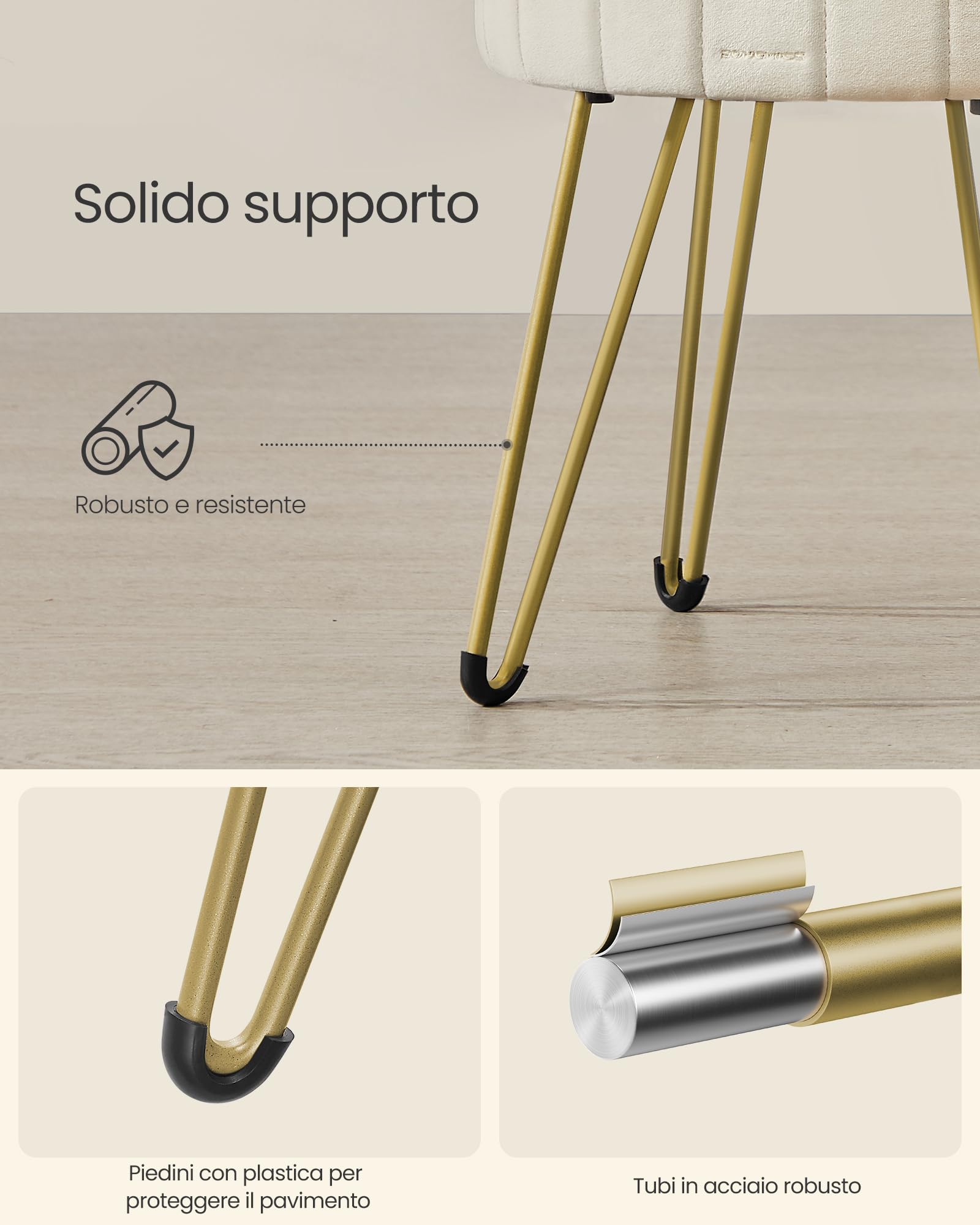 SONGMICS Sgabello Pouf Contenitore, Cassapanca Rotonda, Sgabello Toeletta in Velluto, 39 x 44,4 cm (Diam. x A), 4 Gambe in Metallo, Soggiorno Camera da Letto, Bianco Crema LOM003W01