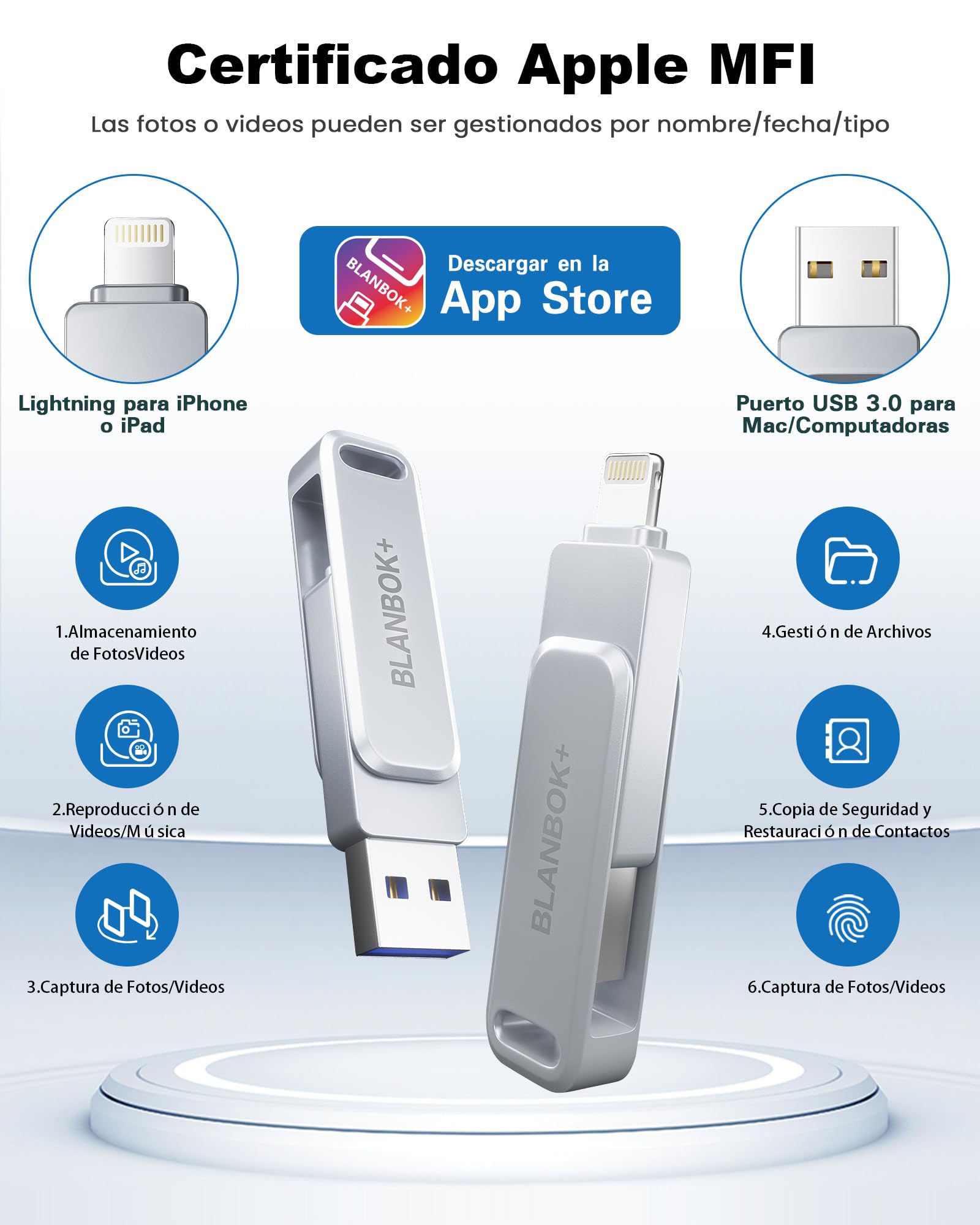 Pendrive para Phone 128GB, Certificación MFI, Pen Drive 3 en 1 Tipo C Memoria USB 3.0 Externa Photo Stick para iOS, Phone, Pad, Mac, PC, Android, Teléfono, Transferencia Rápida