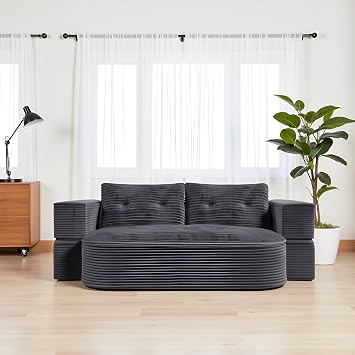 KUIKUI Convertible Sofa Bed, 2 in 1 Convertible Loveseat Sleeper, Corduroy Sleeper Sofa with Multi Functional Blanket for Living Rooms, Offices, No Assembly Required, Dark Grey