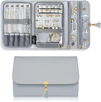 Jewellery Organiser Bag - Travel Jewellery Roll for Rings, Earrings, Necklaces, Bracelets - Portable Storage Box Grey