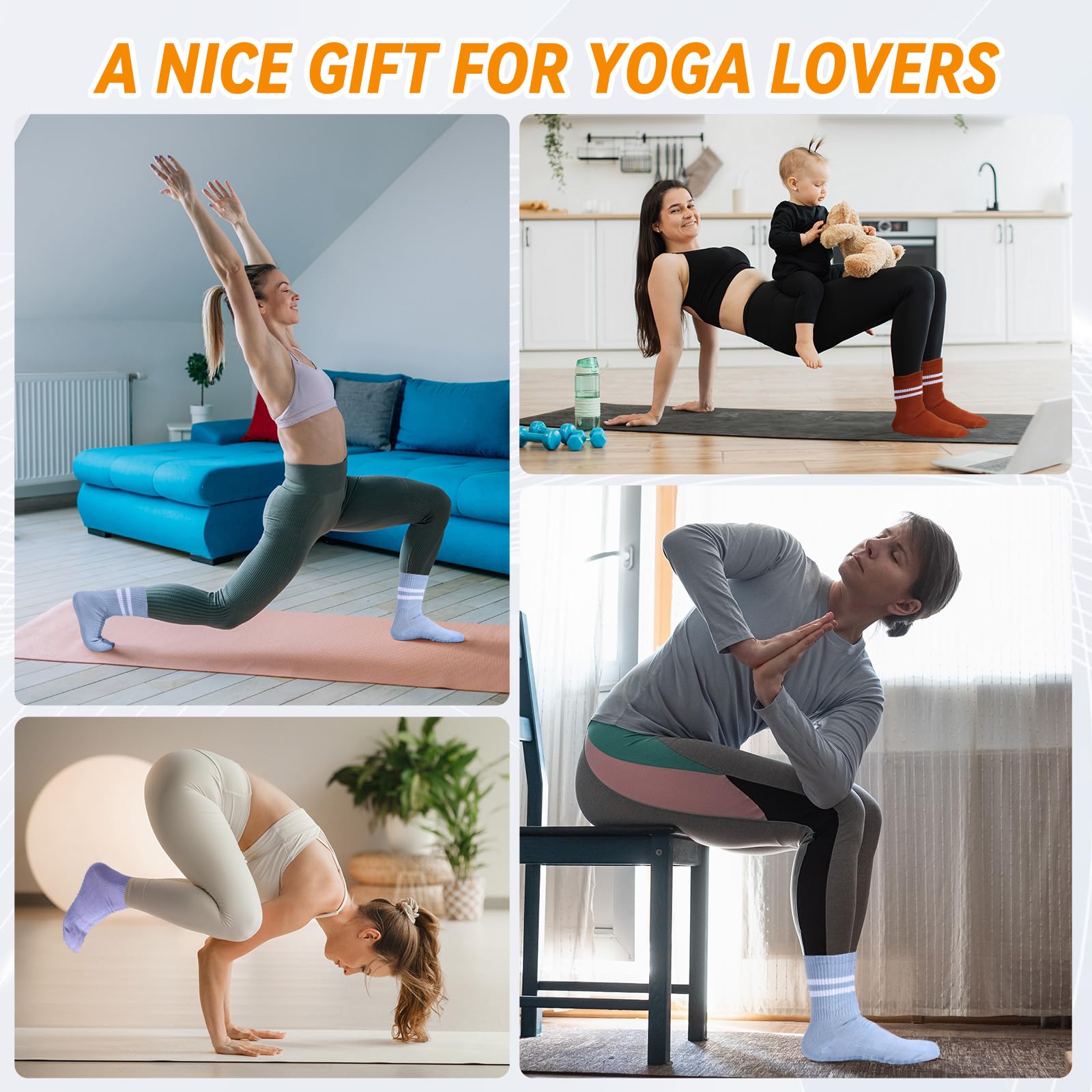 Jspupifip 24 pares de calcetines largos de pilates para mujer con agarres, calcetines de yoga antideslizantes a granel para el hogar, hospital, calcetines para yoga, pilates, entrenamiento de barra,