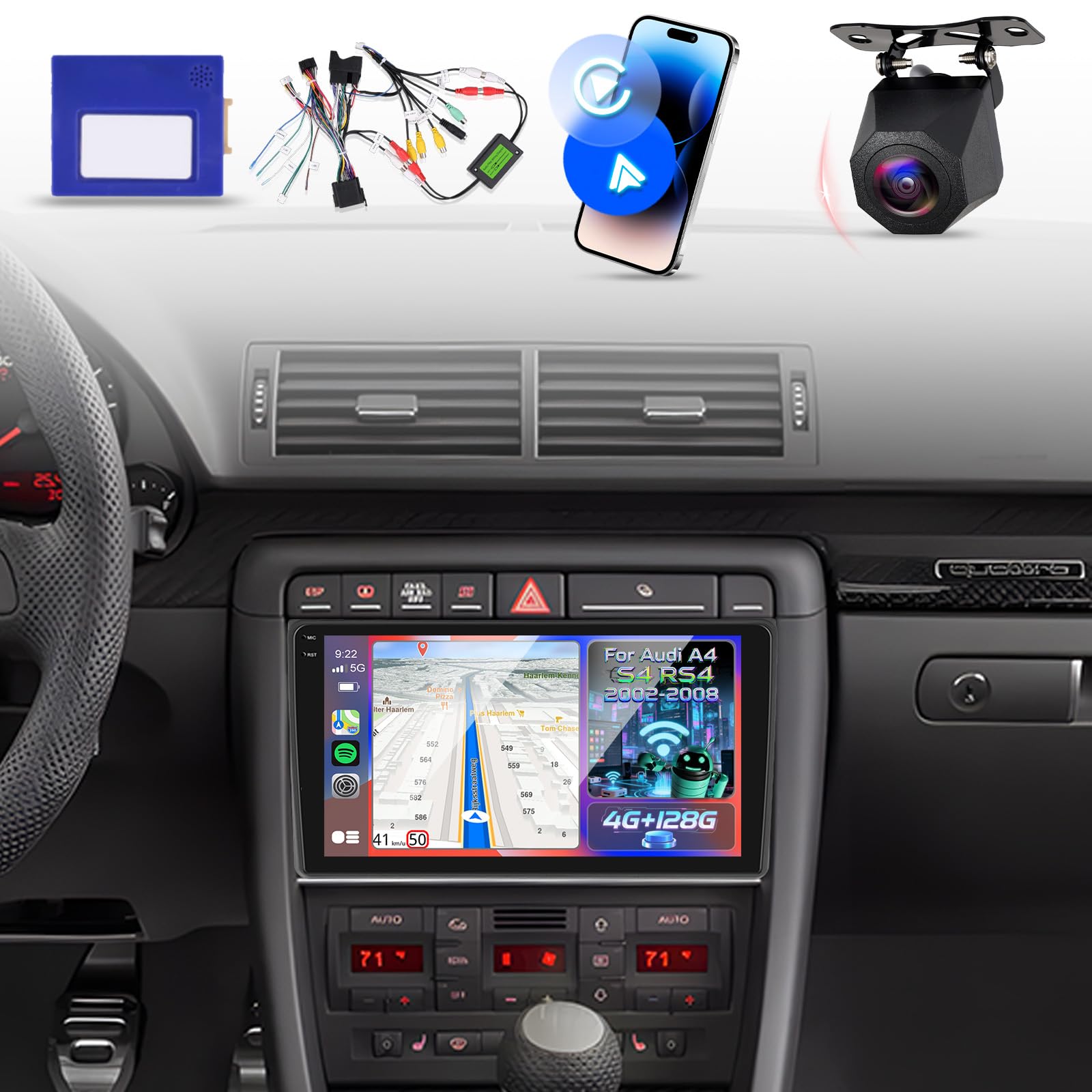 NHOPEEW [4+128G] Upgrade Radio for Audi A4 S4 RS4 2002-2008: 9 inch Android Incell Touchscreen Stereo - Wireless Carplay and Android Auto, 5G/WiFi, GPS, BT 5.0 + Backup Camera + Upgrade Canbus