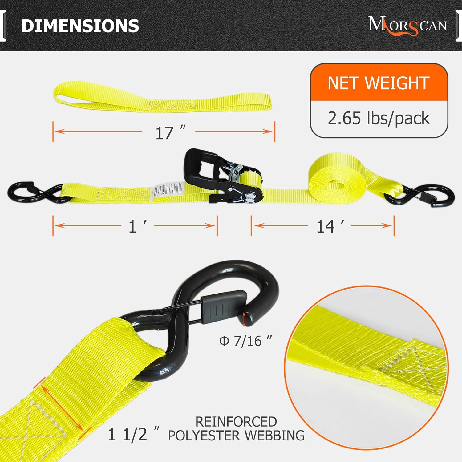 4-Pack 1.5" x15' Ratchet Straps Kit - 5,000lbs Break Strength Heavy Duty Tie Down Straps with Safety S Hooks & Soft Loops for Load Securement Tie-Down in Trucks Trailers ATV UTV Motorcycle - Image 2