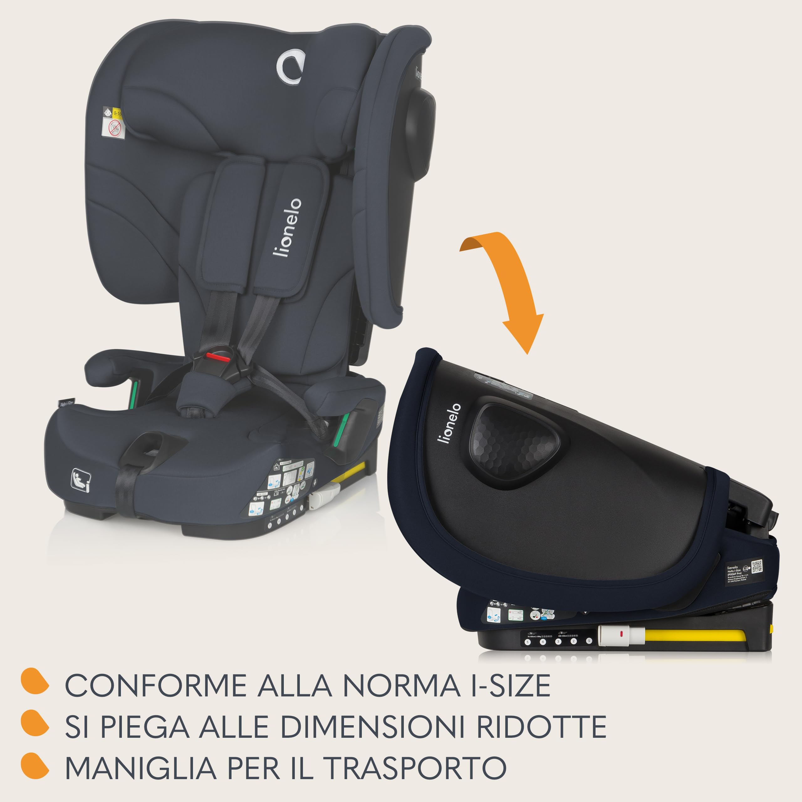 LIONELO Seggiolino Auto NELLY I-SIZE Pieghevole per Bambini 76-150 cm | (15 mesi - 12 anni) Gruppo 1 2 3 Installazione in avanti con ISOFIX o/e Cinghia TT,Protezione Laterale, Regolazione