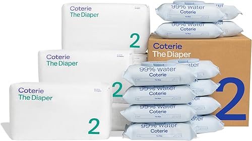 Coterie Kit de toallitas y pañales para bebé, pañales tamaño 2 (186 unidades) y paquete de 12 (672 unidades) toallitas para bebé con 99% de agua,