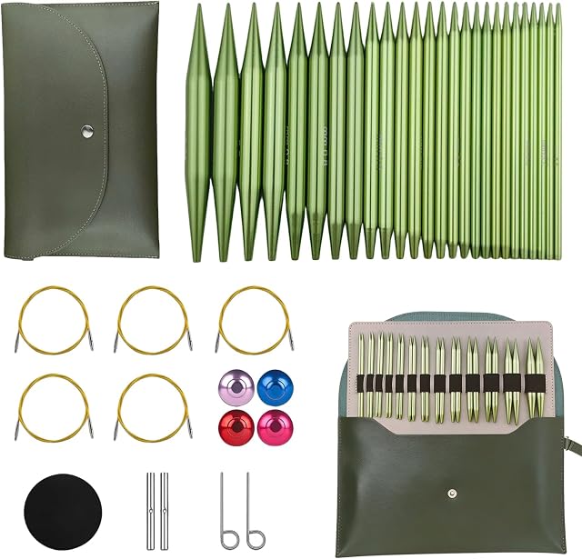 4-inch Knitting Needles Set, 13 Pairs Interchangeable Circular Knitting Needles Set Aluminum US Sizes 2.5, 3, 4, 5, 6, 7, 8, 9, 10, 10.75, 11, 13, 15 with 5 Cables, Knitting Accessories and Case (Green)