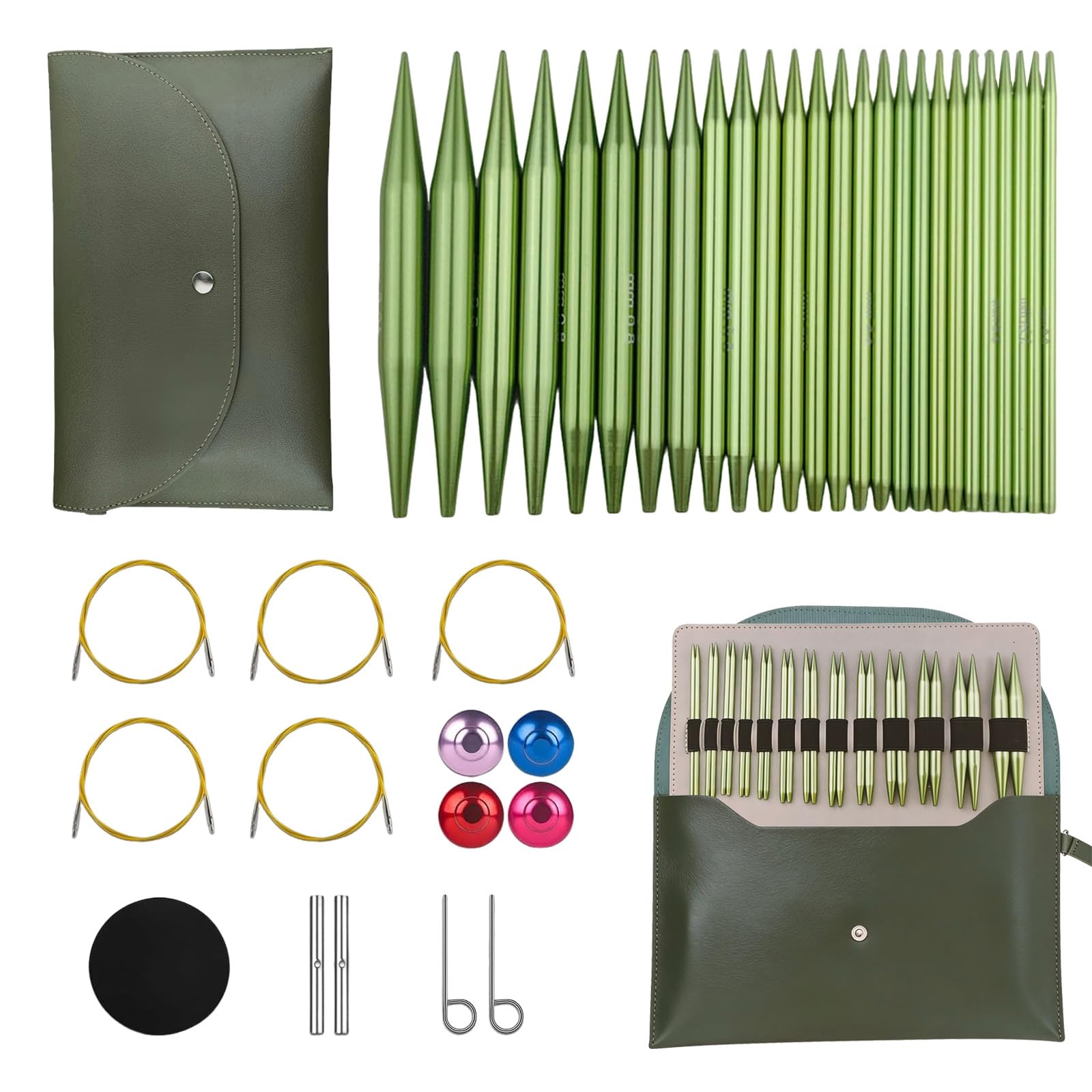 Photo 1 of ?4-inch Knitting Needles Set, 13 Pairs Interchangeable Circular Knitting Needles Set Aluminum 3-10mm with 5 Cables, Knitting Accessories and Case, Green