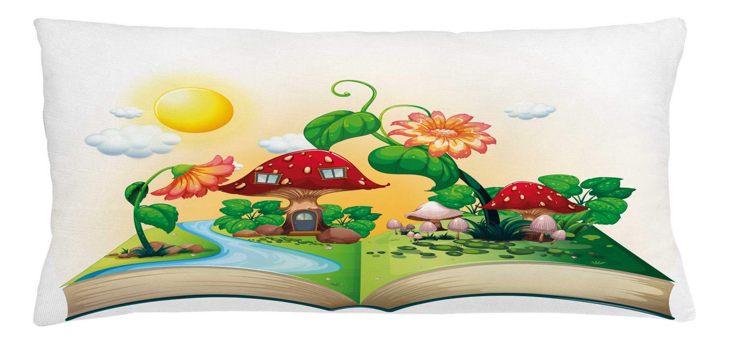 Lunarable Cartoon Throw Pillow Cushion Cover, Pop up Book with Mushroom House and Flowers River Forest Fun Nature Print, Decorative Rectangle Accent Pillow Case, 36