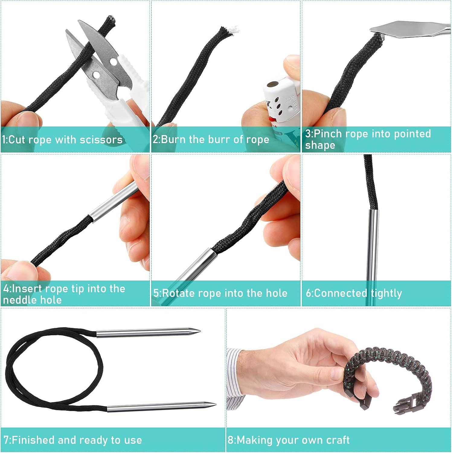 14 Pcs Paracord FID Set Stainless Steel Knotter Tools Marlinspike Set Paracord Tools Stitching Lacing Needles Smoothing Tool Knotter for Leather Weaving Work(Black)