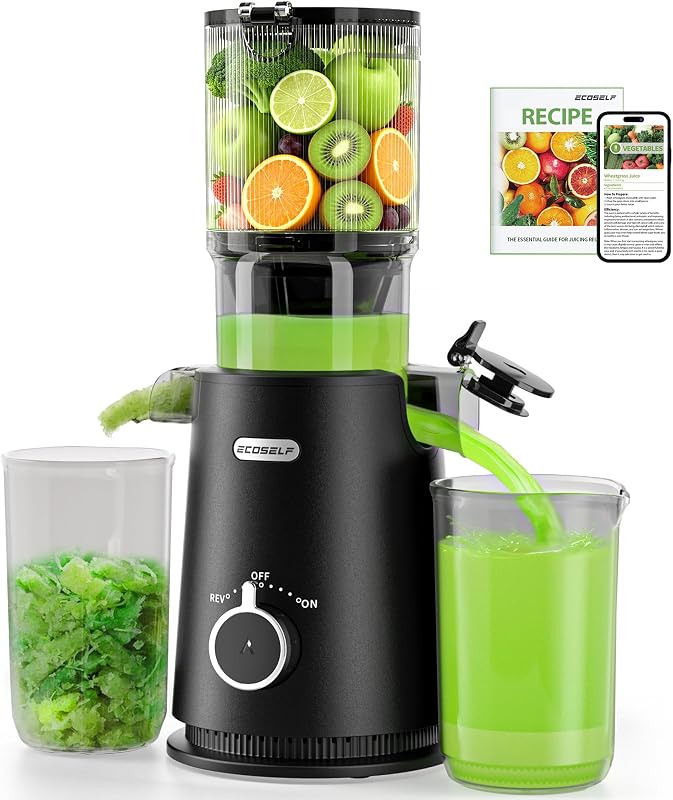 Exprimidor prensado en frío - Canal de alimentación de boca ancha para frutas, verduras y verduras de hoja verde - Máquina extractora de jugo con diseño de autoalimentación y manos libres - Máquinas exprimidoras fáciles de limpiar (con cepillo)