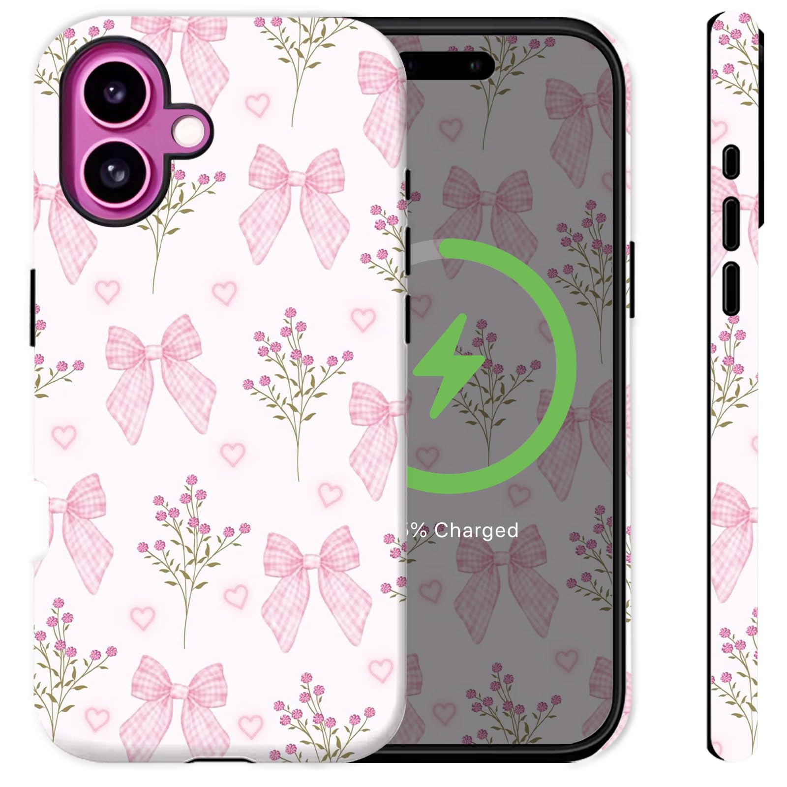 Sqweey Compatible for iPhone 16 Case Pink Bows Florals Wildflowers Aethetic Design [Compatible with Magasfe] Shockproof Soft TPU and Hard Shell