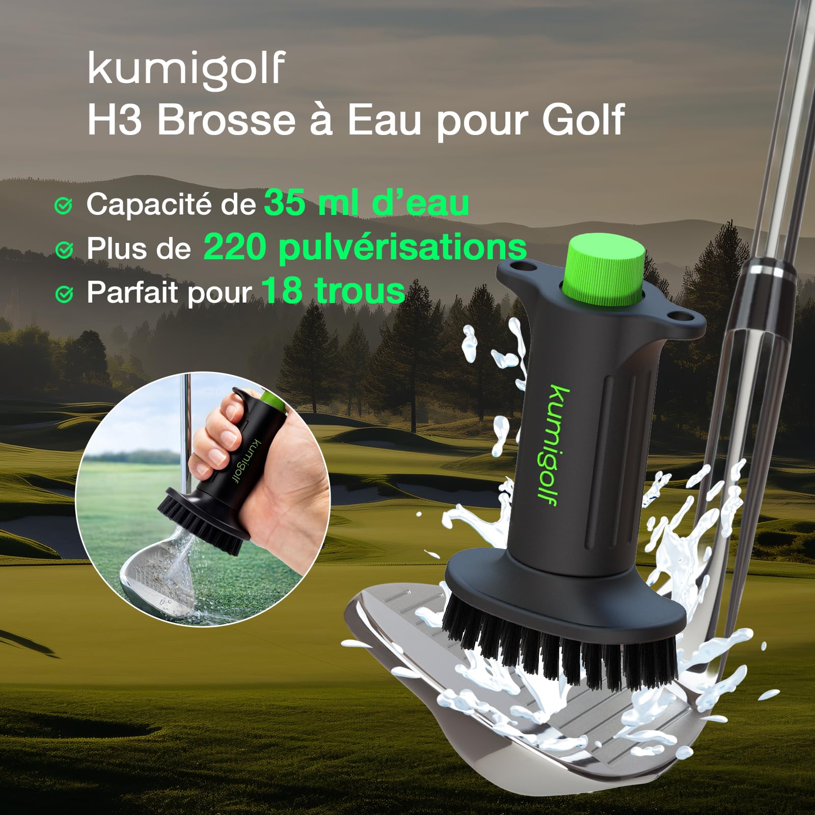 H3 Brosse à eau de golf, fonction de pulvérisation et clips magnétiques, brosse de club de golf et nettoyant de club de golf, poils en nylon de qualité supérieure et solides pour surfaces de