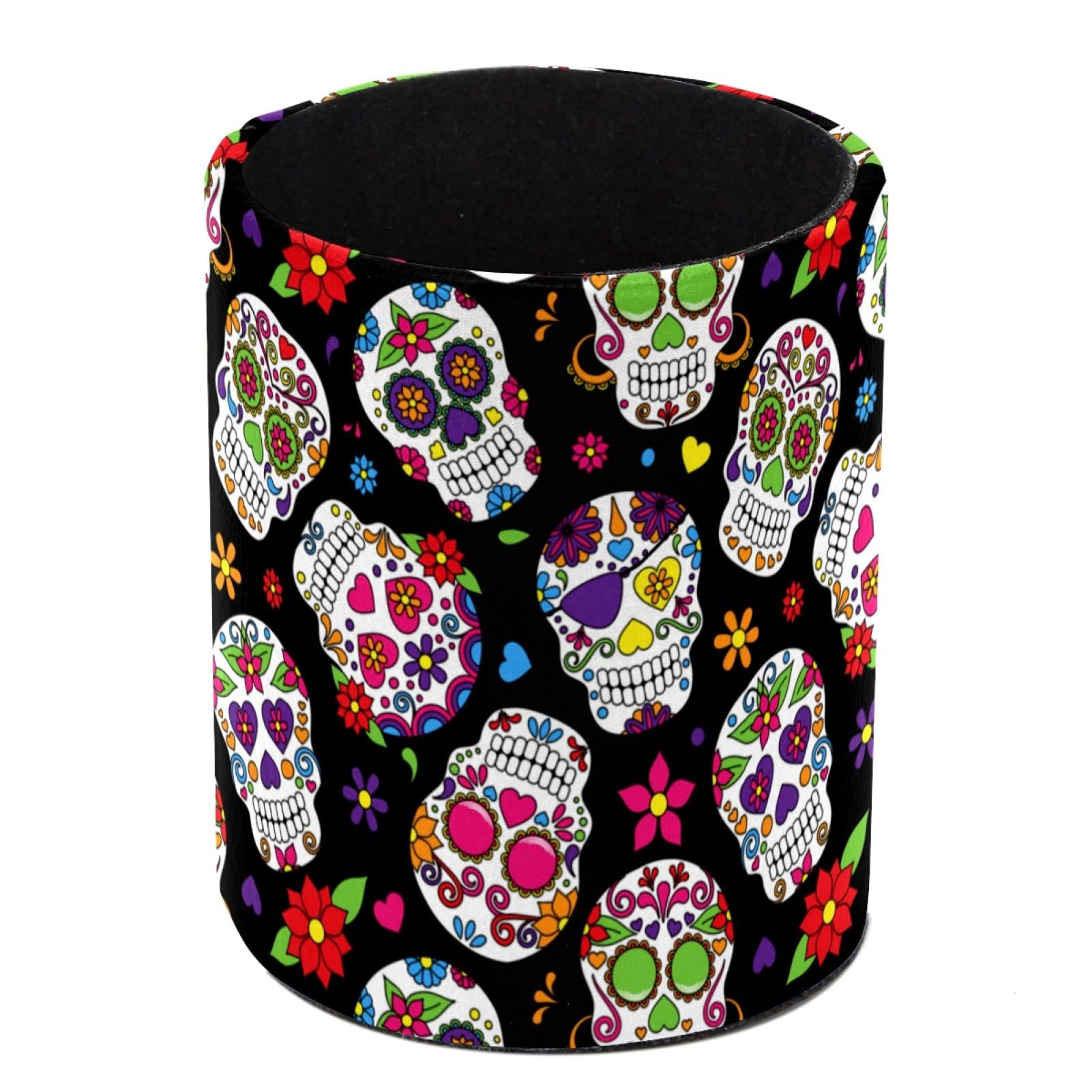 Luoweisi Day of the Dead Sugar Skull Pen Holder for Desk, Leather Pen Pot, Desk Pencil Holder Round Makeup Organiser Home Office School Suppliers