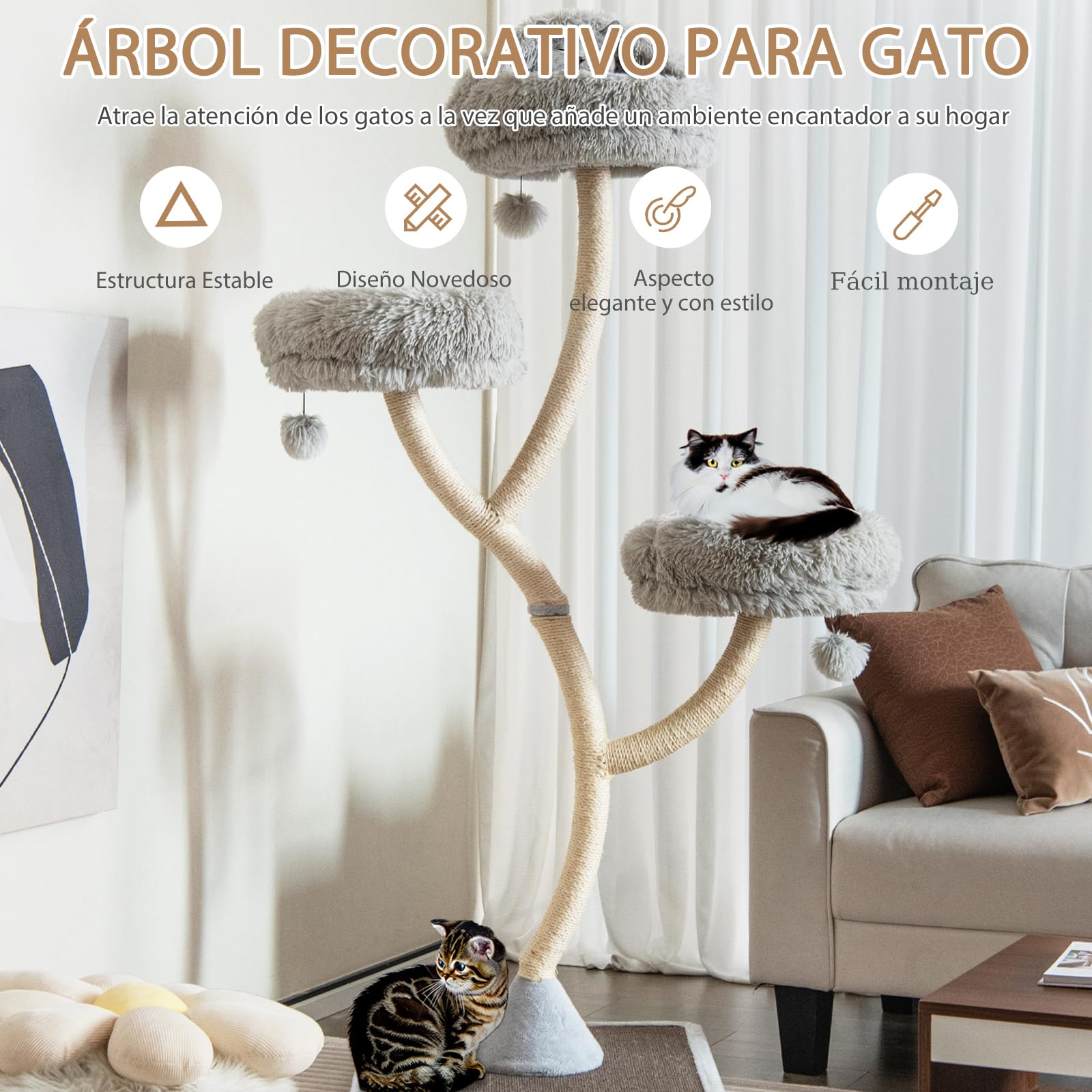 SOARS Albero Tiragraffi per Gatto Alto 180 cm a 4 Livelli, Albero per Gatti Forma di Rami con 3 Nidi e Pompon, Torre Gatti Struttura in Metallo e Base in Sisal, 59 x 59 x 178 cm (Grigio)