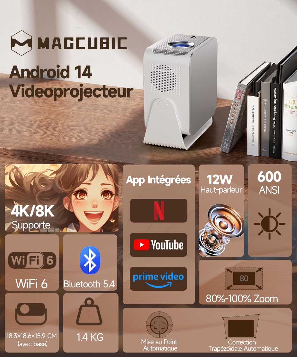 Magcubic HY350Max Mini Projecteur 4K 8K 1080P WiFi 6 Bluetooth 5.4 600 ANSI