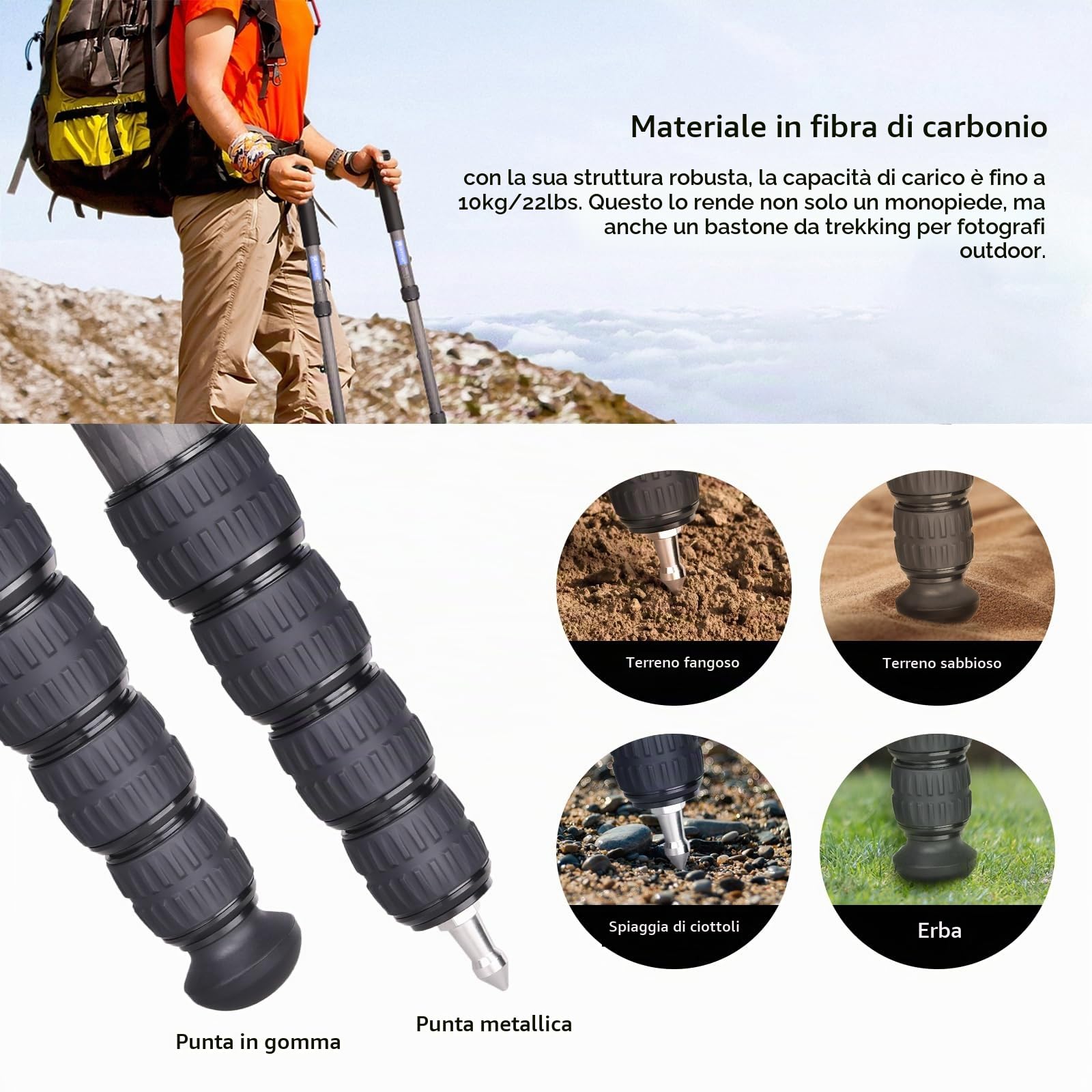 ARTCISE Treppiede da 65"/165 cm, M03C-ST-EU, leggero e portatile, monopiede in fibra di carbonio per DSLR, fotocamera reflex digitale, colore: nero
