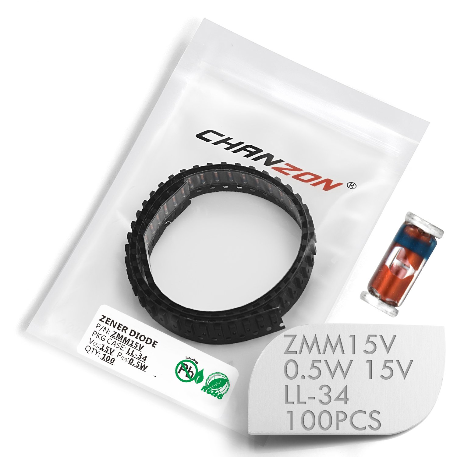 Pack Of 100 Pieces Chanzon SMD Zener Diode 0.5W 15V Zmm15v Zmm15 Ll 34 (sod 80 Minimelf 1206) 0.5 Watt 15 Volt Silicon Glass Zener Diodes