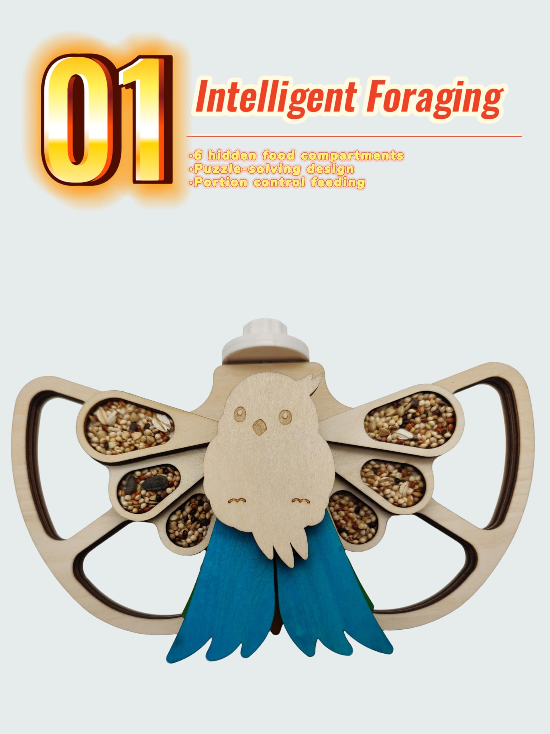 Interactive Parrot Foraging Toy - Natural Wood Puzzle Feeder & Chewable Perch for Small & Medium Birds (Conures, Cockatiels, Lovebirds) - 6 Hidden Food Holes, Movable Feathers & Easy Cage Mount - image 4