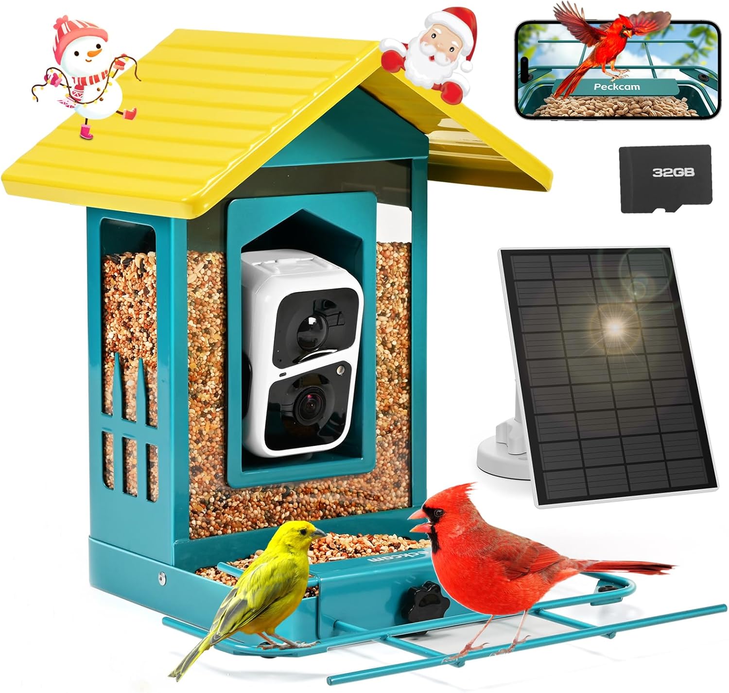 PeckCam® Metal Bird Feeder with Camera+Solar Panel 32G Card 2K HD AI Identify Real-Time Notification Share with Others, Bird Feeder Camera Wireless Outdoor, Ideal Xmas Gift for Bird Lover Green