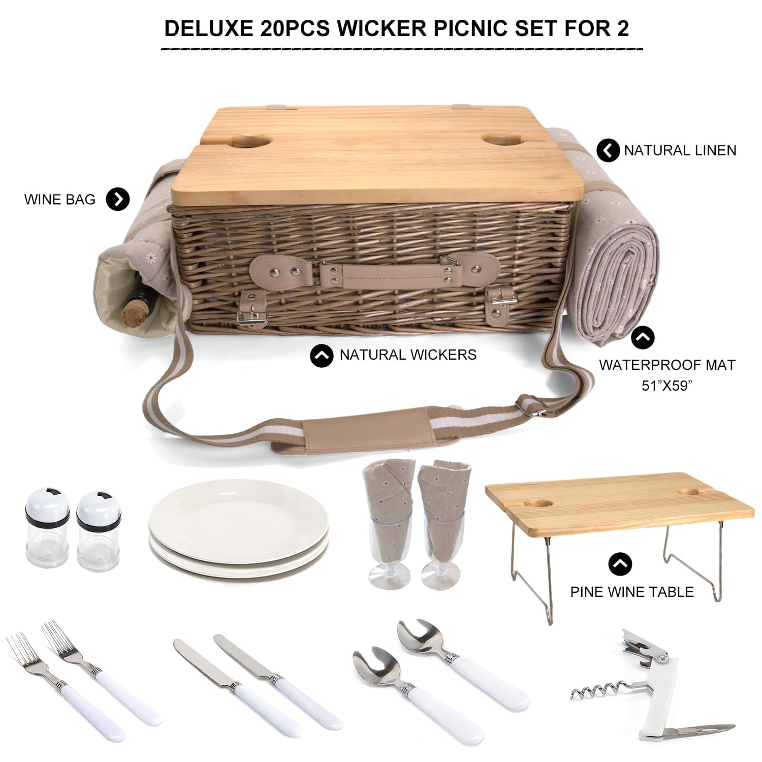 Set di cestini da picnic in vimini per 2 persone con coperta e tavolo da picnic isolato
