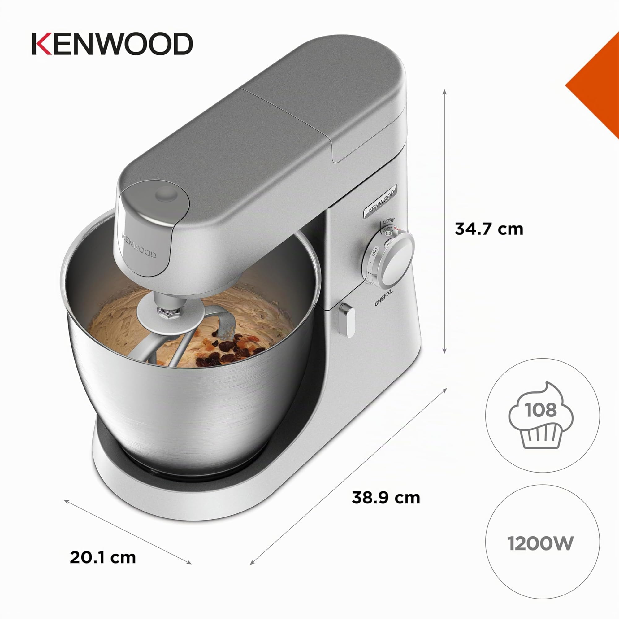 Kenwood KVL4100S Robot pâtissier planétaire Chef XL, robot de cuisine mixeur, 1200 W, grand bol de 6,7 litres, 3 accessoires de mélange, réglage électronique de la vitesse et Pulse, acier, argent