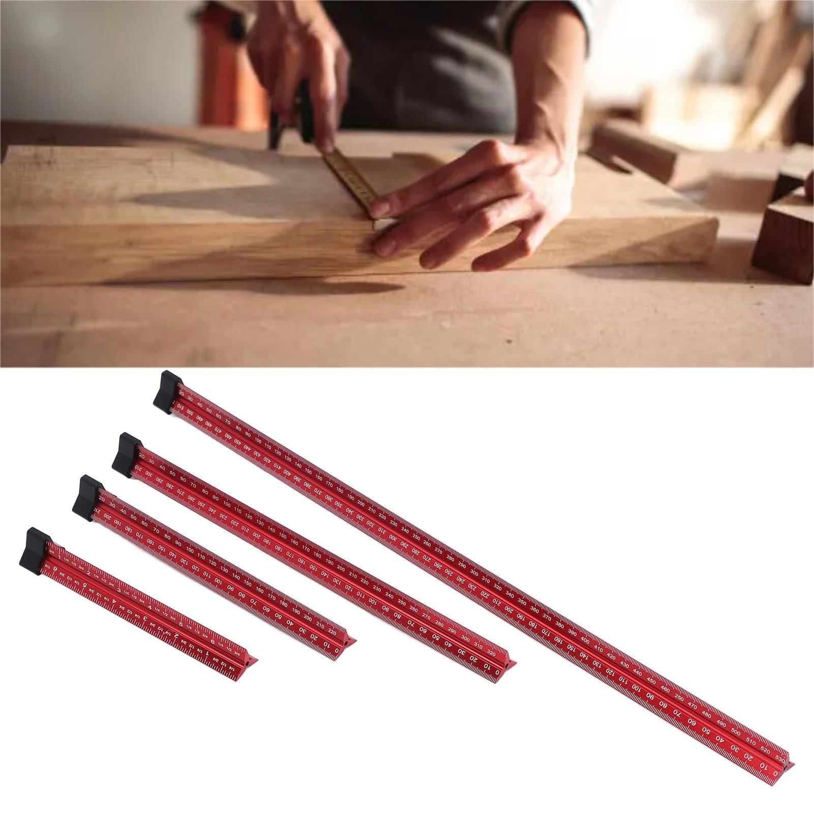 Juego de 4 piezas de regla de medición de carpintería, regla triangular de arquitecto, regla de escala de aleación de aluminio imperial métrica de 6 8 12 20 pulgadas con estante