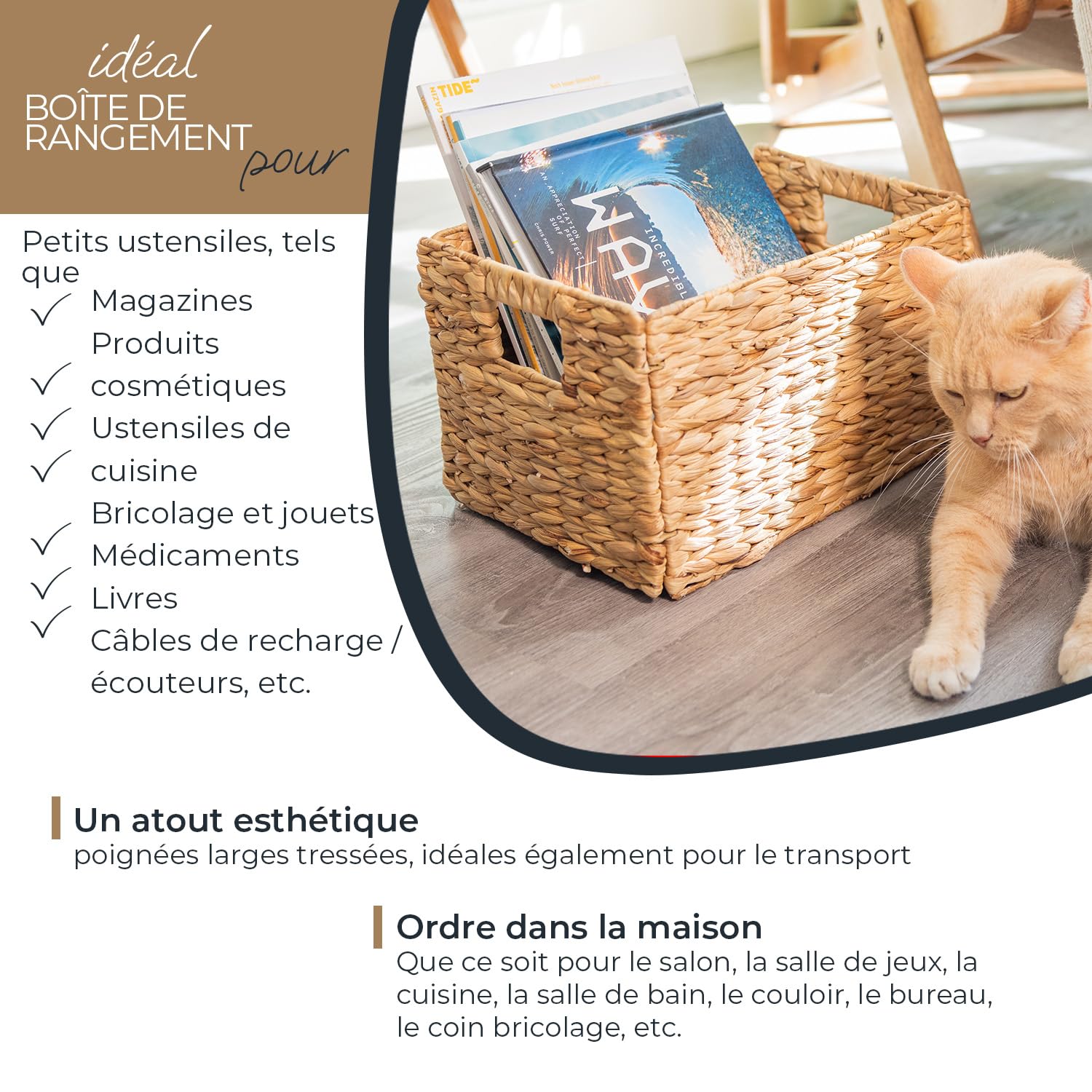 HMF panier de rangement, panier pliable tressé en jacinthe d'eau jonc de mer | taille L | 36 x 28 x 20 cm