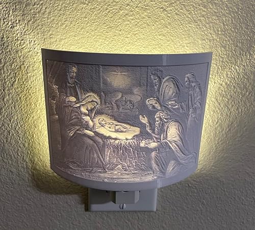Luz nocturna cristiana de Jesús Litofana  Luz blanca cálida  Lámpara LED Nite Lite regulable con sensor de atardecer a amanecer (nacimiento de Jesús)