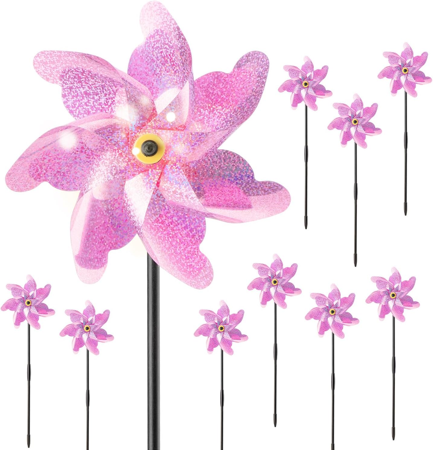 BATTIFE Reflective Pinwheels for Yard and Garden, Pre-Installed Sparkly Blind Birds Pin Wheel, Scare Birds & Animal Away Wind Spinner, 10 Pack (Gold)