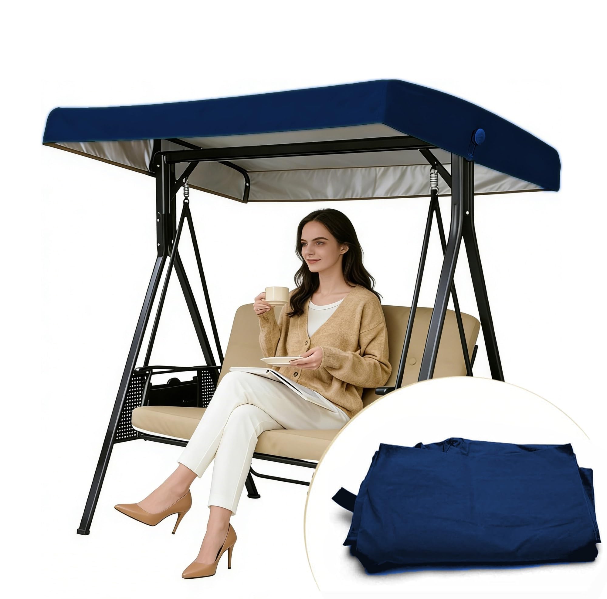 WFXXZL Outdoor Swing Cover 2 3 Triple Seater, Garden swing canopy outside Swing Canopy Replacement Top cover for Porch Patio Hammock Seat(Navy blue)