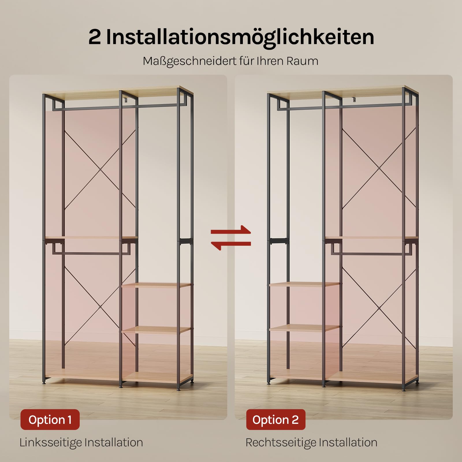WOLTU Kleiderständer mit Ablage, für Schlafzimmer Flur, Offener Garderobenständer stabil, aus Holz und Metall, Schwarz + Hell Eiche