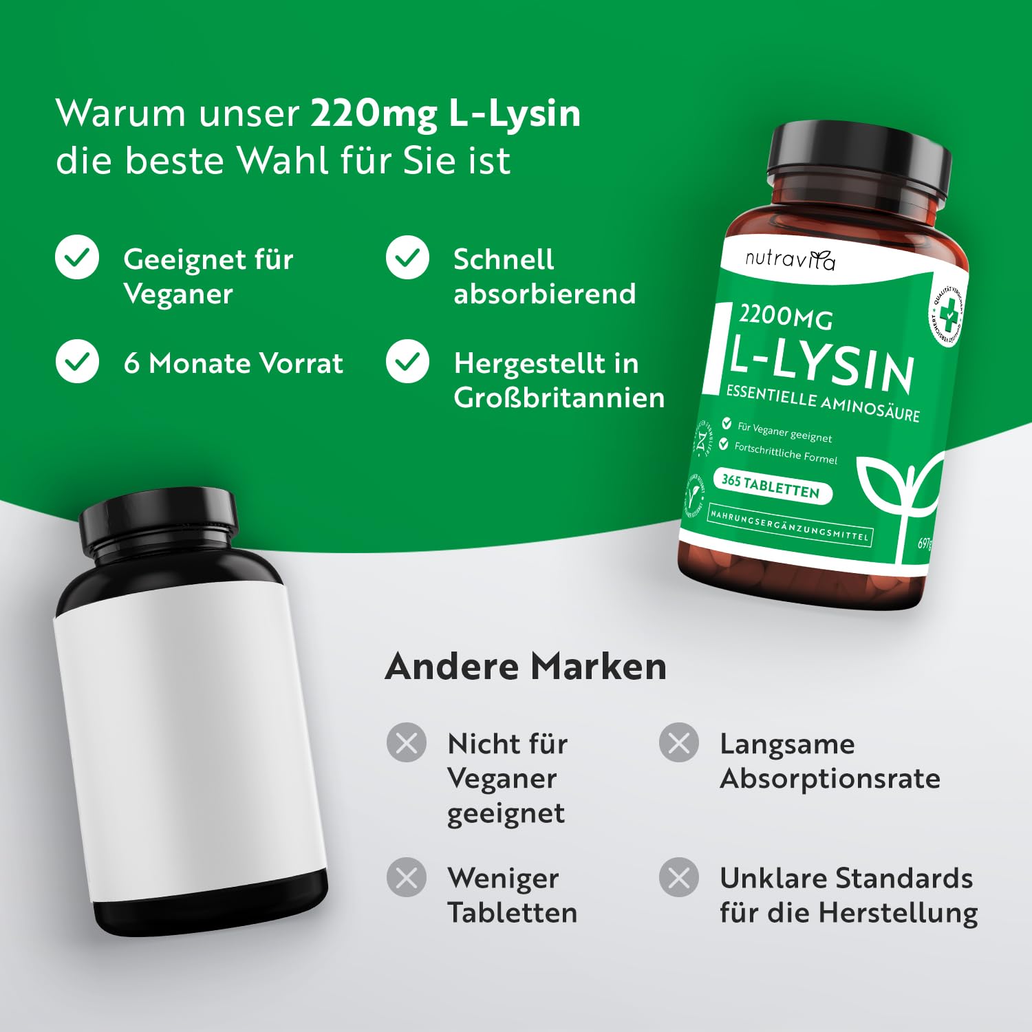 L-Lysin Tabletten Hochdosiert mit 2200 mg pro Tagesdosis - 365 Tabletten (6 Monate) - Essentielle Aminosäure - Aus pflanzlicher Fermentation - Laborgeprüft - für Vegetarier geeignet - Nutravita