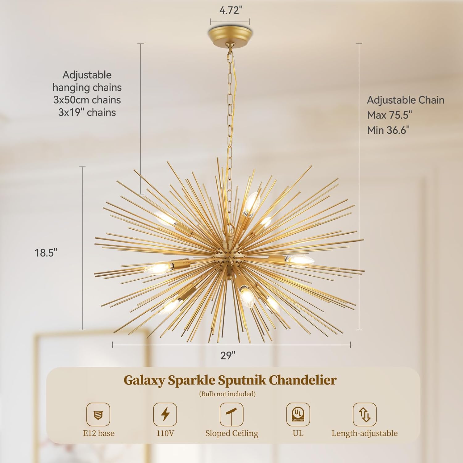 29" Modern Sputnik Chandelier 9-Lights Mid Century Modern Starburst Golden Chandelier Luxury Gold Solid Metal Sputnik Satellite Chandeliers for Dining Room, Kitchen Island, Bedroom