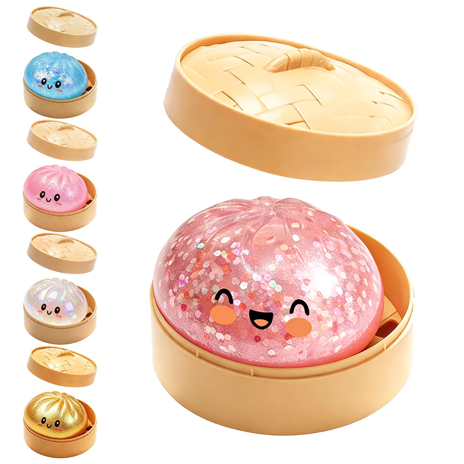 Giant Glitter Dumpling Squishy,2026 Upgrade Dumpling Squishy Mystery Box,Colorful Dumplings Stress Balls Fidget Sensory Toy,Stocking Stuffers with Food Steamer Stretchy Desk Toys
