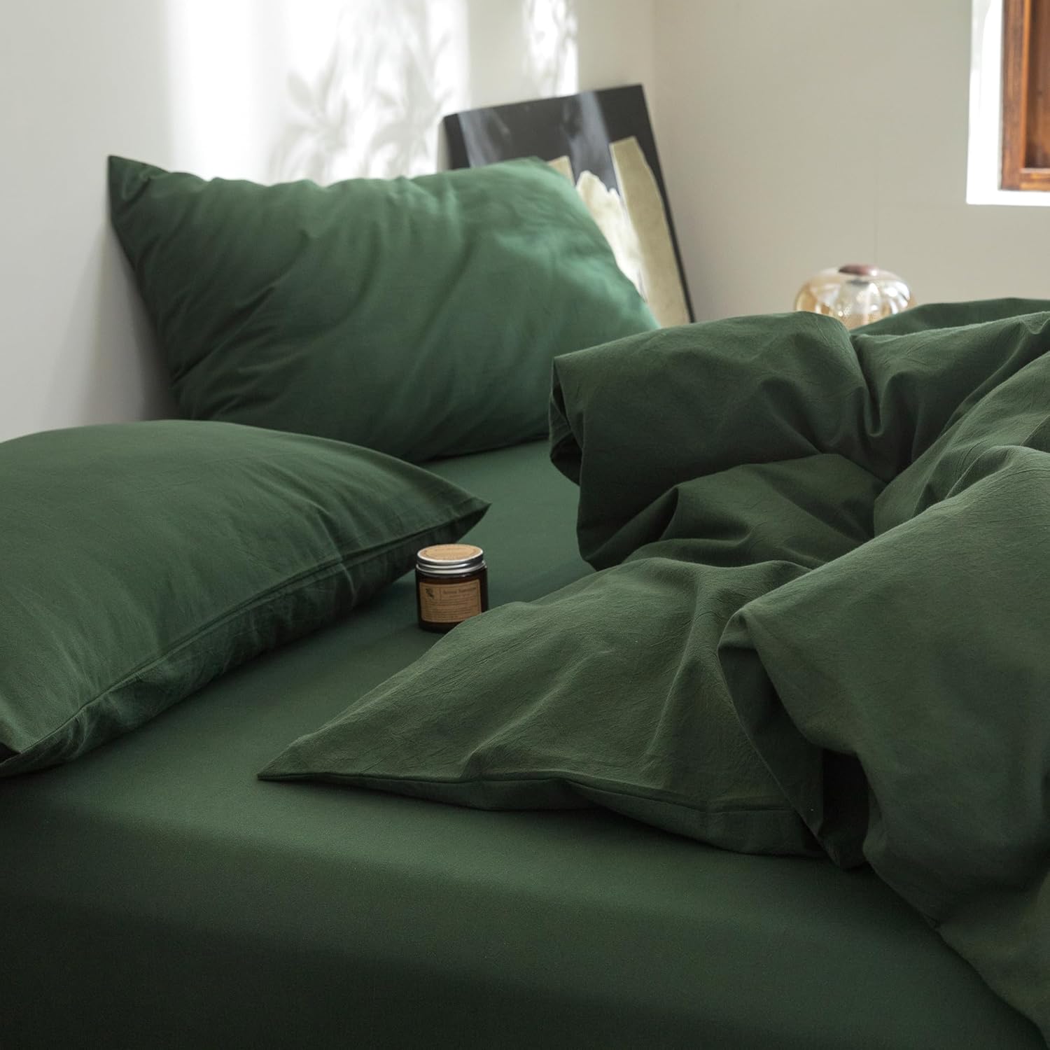 FOSSA Duvet Cover Set 100% Washed Cotton Linen Feel Super Soft Breathable Cozy 3 Pieces Bedding Sets Solid Forest Green Queen - Image 7