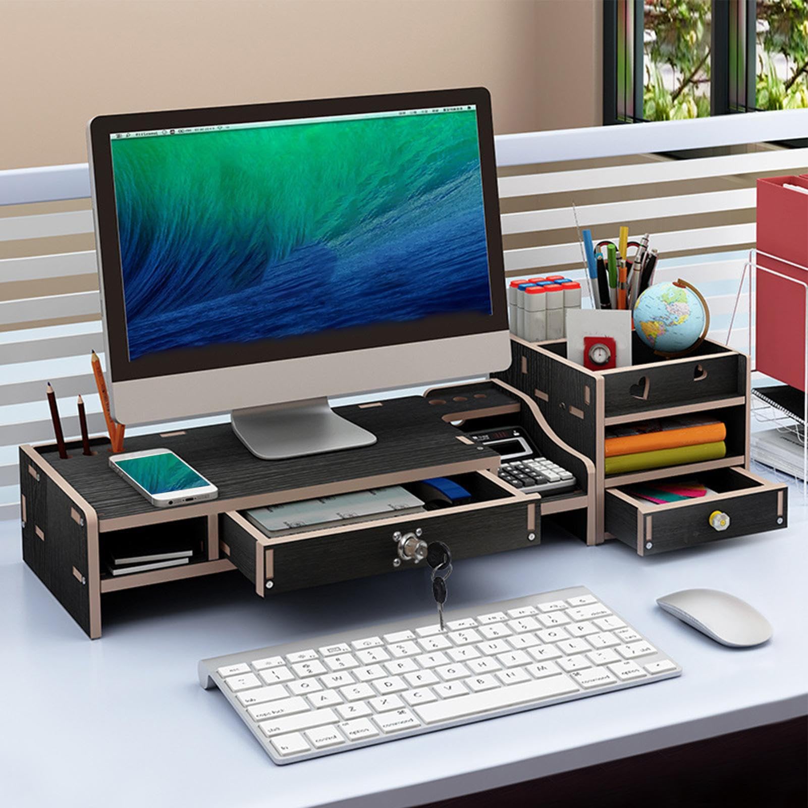 Soporte Para Monitor Estante Organizador Escritorio Madera Con Cajón