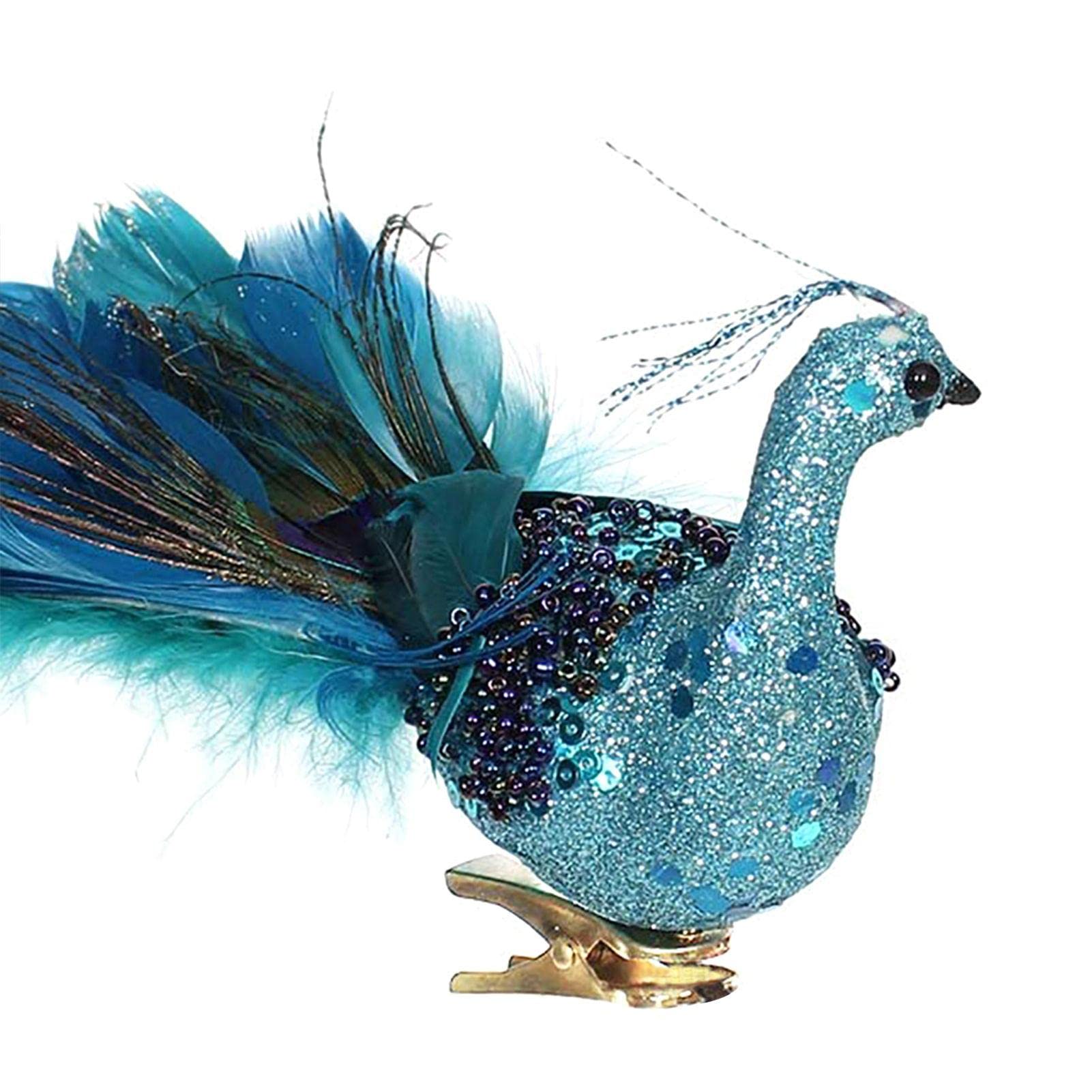 Dongzhi Glitter Peacocks Ornaments, Teal Blue Tree Decorations Clip- Birds, Handmade Craft for Baby Shower Decor, Garden Yard Art, Decoration, 10.6 inches