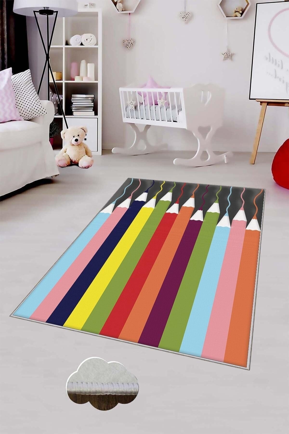 Pelangi Çok Renkli Kalem Desenli Yıkanabilir Kaymaz Taban Leke Tutmazbebek Ve Çocuk Odası Halısı, Çok Renkli 160 x 350, 901357144160350