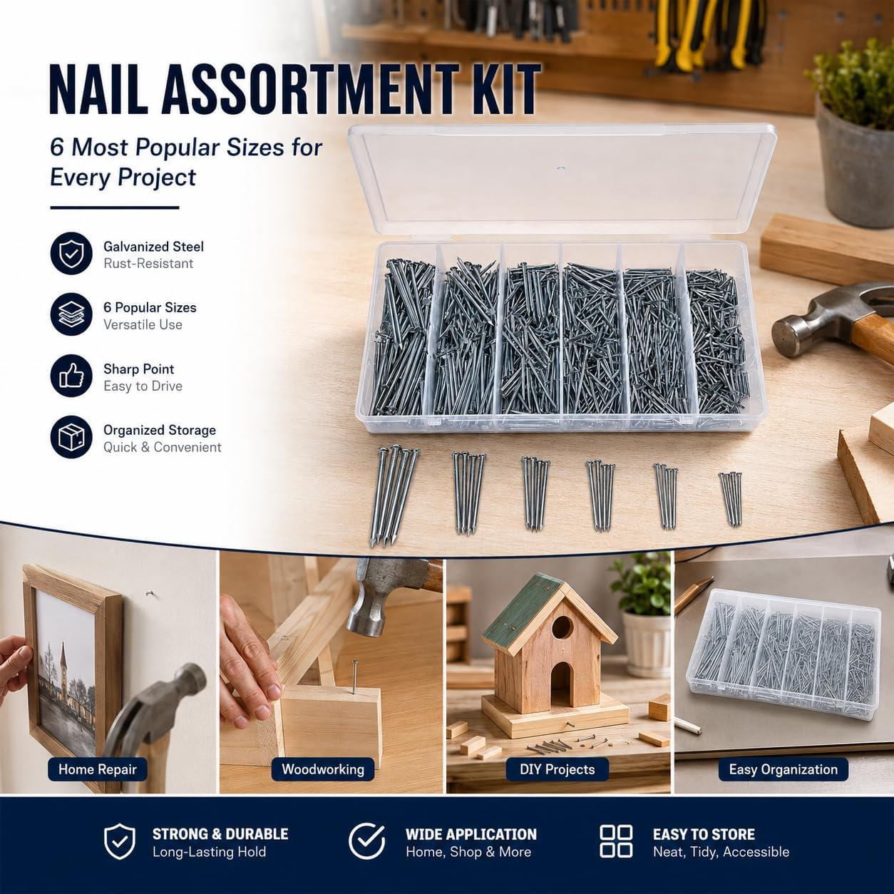 780-Piece Nail Assortment Kit, 6 Sizes Finishing Nails with Organizer Box