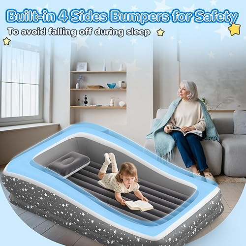 Miniatura 4 de Cama inflable de viaje para niños pequeños portátil y segura, cama inflable para niños con 4 lados, colchón de aire para niños ideal para acampar al
